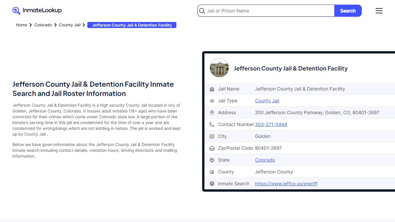 Jefferson County Jail & Detention Facility (CO) Inmate Search Colorado ...